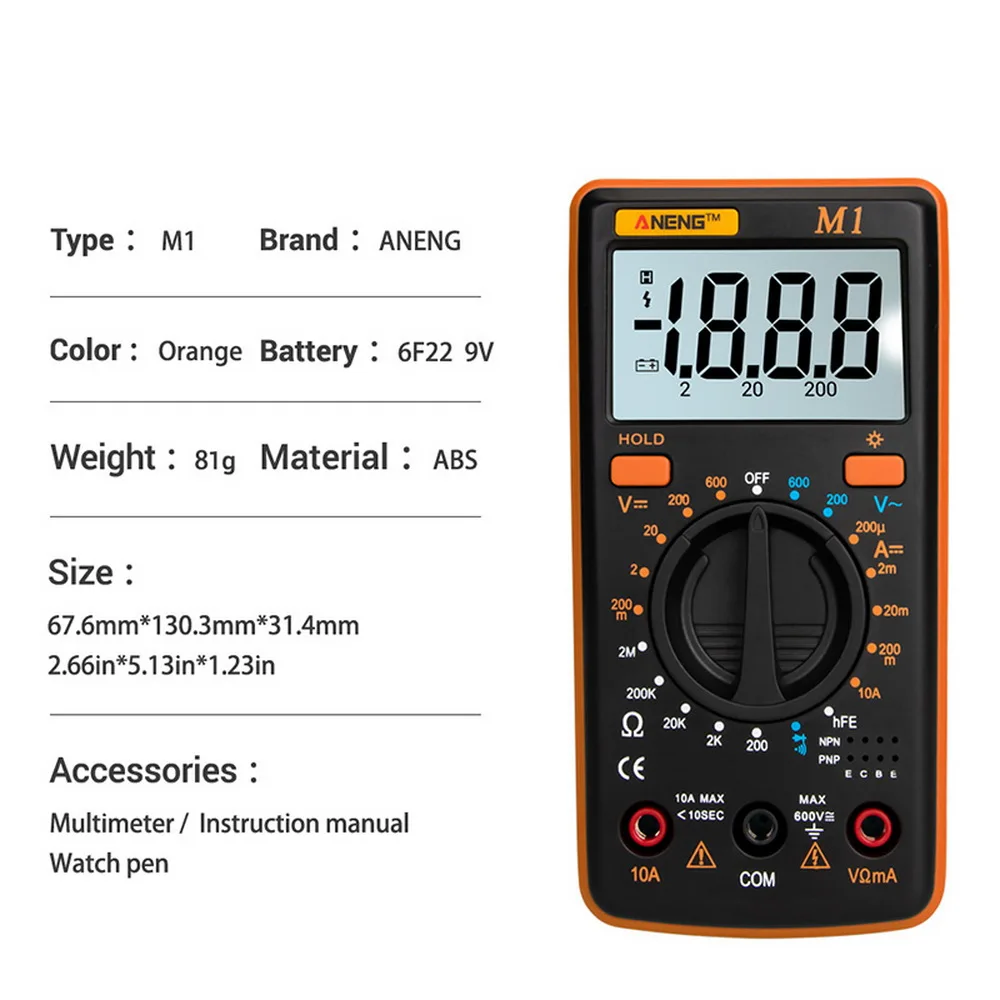 orange M1 мультиметр AC/DC Амперметр Вольтметр Ом Частота Диод измерение тест мультиметр USB тест er подсветка мультиметр - Цвет: orange