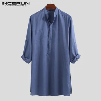 INCERUN-남성 셔츠, 단색 스탠드 칼라, 긴 루즈 빈티지 캐주얼 상의, 인도 의류, Camisa 슬리브, 남성 롱 셔츠, 2023, 5XL