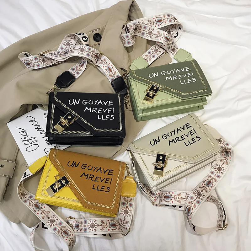 

New Arrival GIRL'S Bag 2019 Autumn And Winter New Style Trendy Letters Dull Polish Square Sling Bag Wide-Strap Crossbody Bag Fas