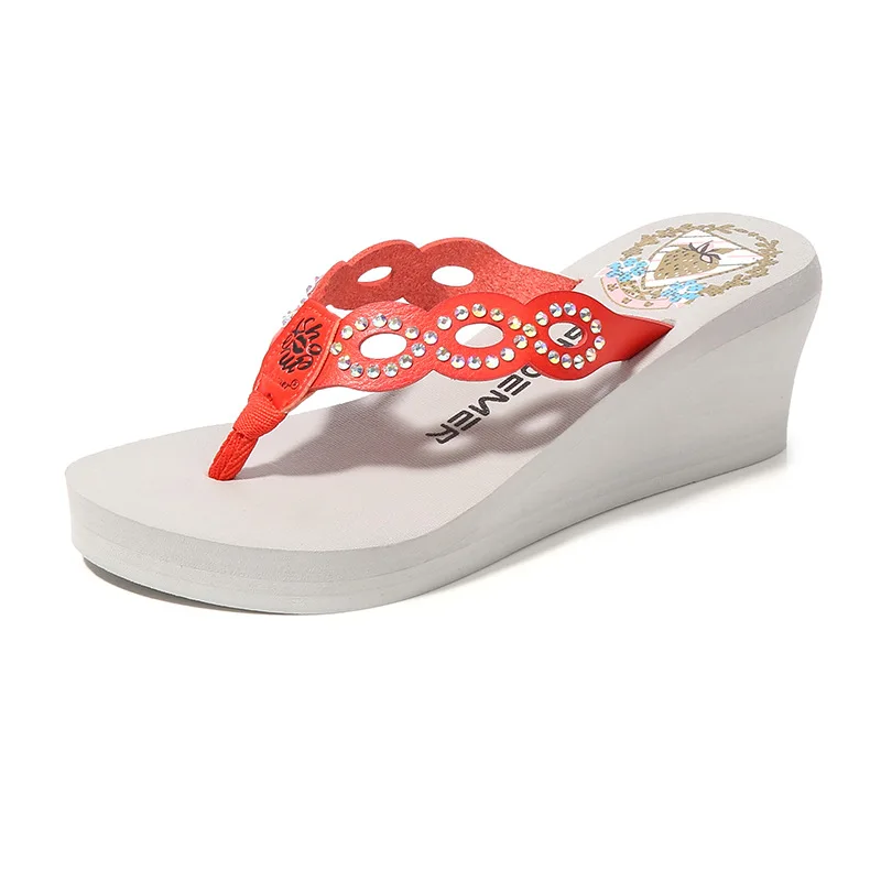 

2019 Creative New Style Summer High-Heel Man-made Diamond Women's Sandals Lou Empty PU Leather Slanted Heel Flip-flops