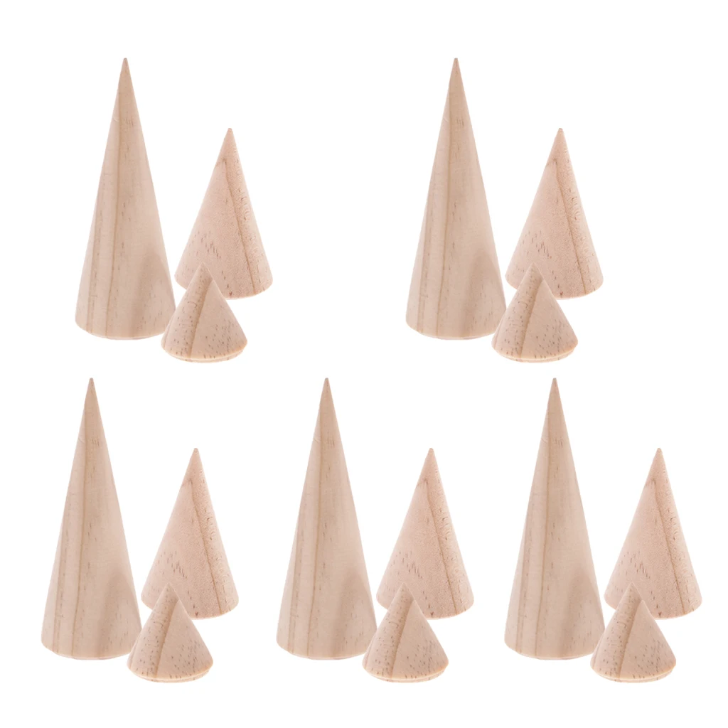 15 Pieces S/M/L Size Cone Shape Wood Jewelry Display Ring Holder DIY Decoupage