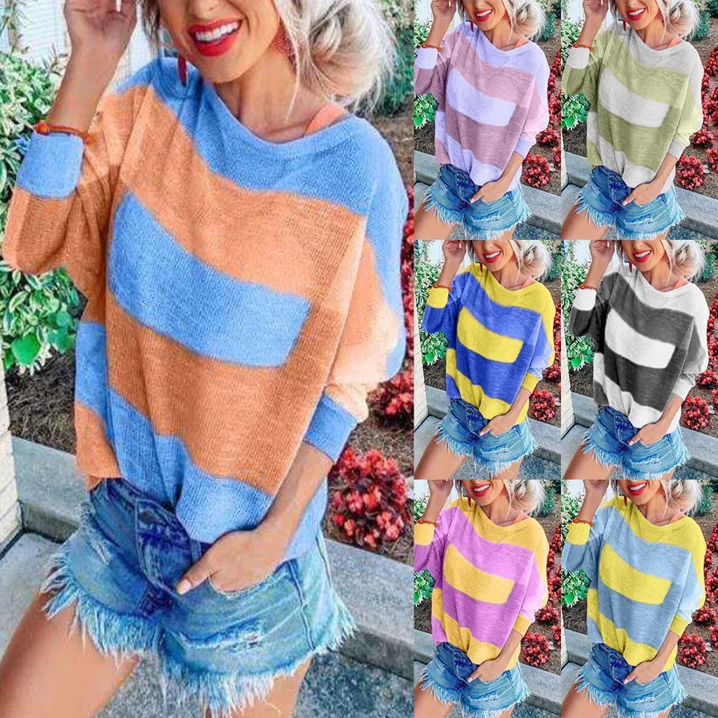 

Women Sweaters Fashion Autumn Winter Ladies Casual Stripe Patchwork O-Neck Long Sleeve Loose Sweaters Tops Blouse