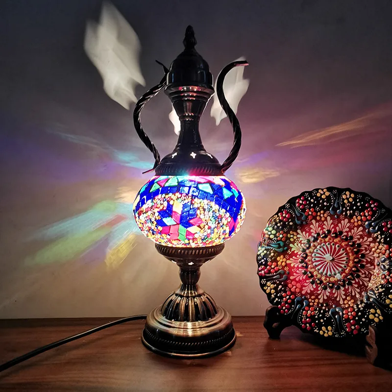 Turkish Style Exotic Retro Glass Decorative Table Lamp Coffee Pot Living Room Bedroom Bedside Led Night Light