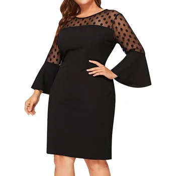 

Fashion Vestido Dress Women Plus Size O-Neck Flare Sleeve Polka Dot Mesh Patchwork Midi Dress Party Dresses jurken grote mat XT
