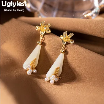 

Uglyless Natural Jade Lily of the valley Earrings for Women Tassels Freshwater Pearls Earrings 925 Silver Floral Jewelry E1760