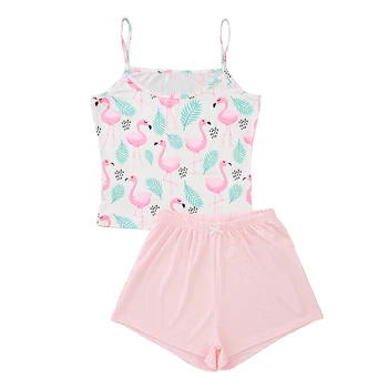 

Pink Flamingo Print 2pcs Casual Women Pajama SetS Spaghetti Strap Crop Camis Top Bow Elastic Short Bottom Casual Ladies Homewear