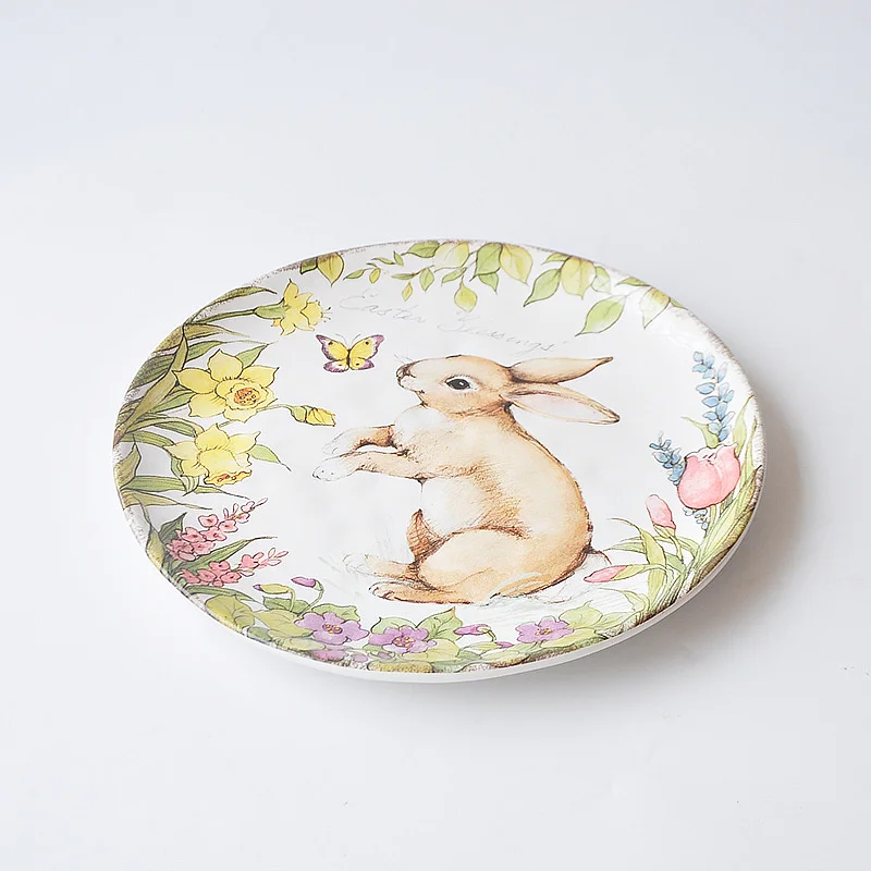 Painted Stickers Underglaze Color Ceramic Plate Cute Bunny Pattern Tableware Large Plate European Plate