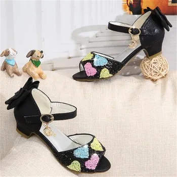 

New Summer Shoes Girls High Heels Children Party Dance Crystal Shoes Student Open toe Sandals Kids PU Leather 019