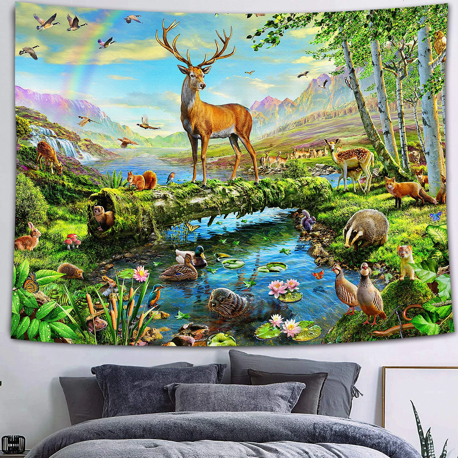 Simsant Wild Animal Tapestry Forest Tiger Deer Parrot Mountain Natural