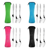 3Pcs/set Stainless Steel Dinner Set Portable Travel Camping Cutlery Tableware Set Dinnerware Case Flatware Kit with Cloth Bag 3