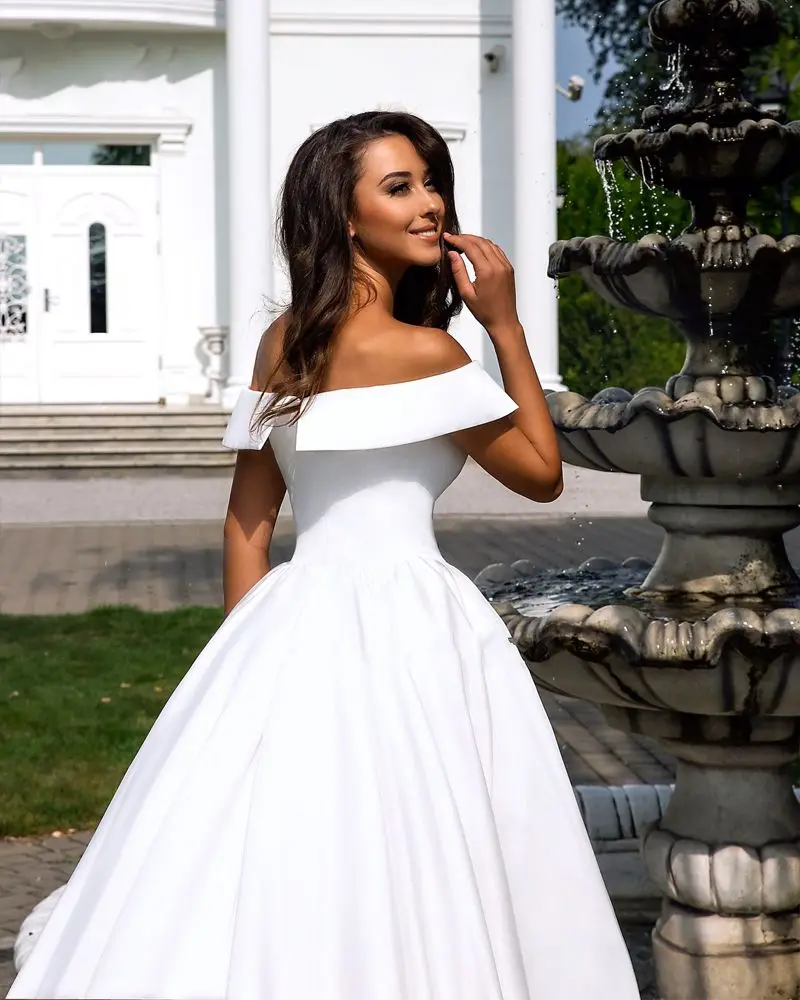 Vestido De Novia белое Элегантное Атласное ТРАПЕЦИЕВИДНОЕ свадебное платье сексуальное v-образным вырезом с открытыми плечами свадебное платье простое платье невесты