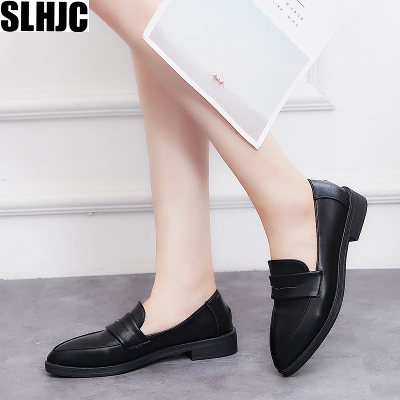 

SLHJC Women Leather Flats Shoes Pointed Toe Slip On Square Heel Autumn Student Casual England Style Flats