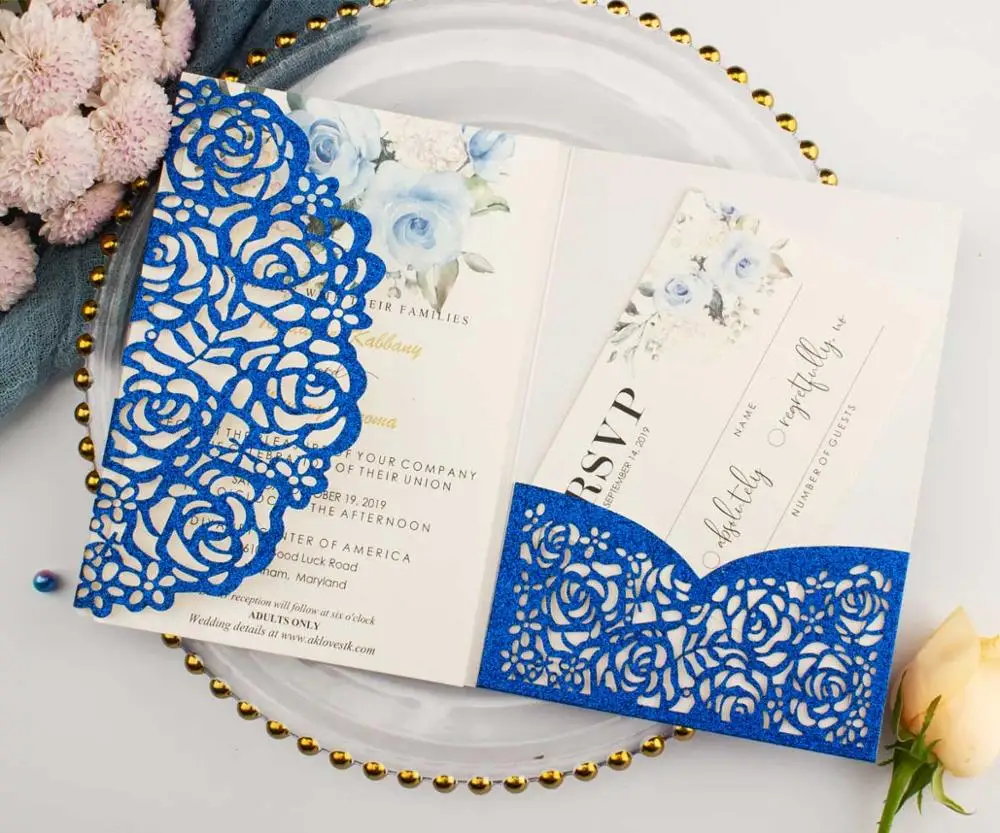 50X три сложения полый лазерный разрез карман свадебные пригласительные карты темно-синие 3D свадебные приглашения с конвертом rsvp - Цвет: blue glitter