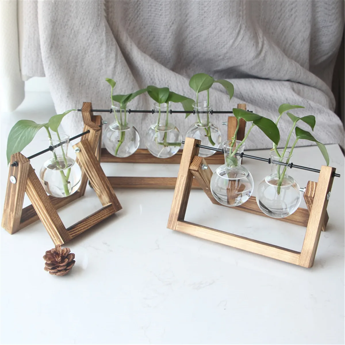 Hydroponic Plant Flower Vases Terrarium Vintage Flower Pot Bulb Transparent Glass Vase Wooden Frame Tabletop Home Bonsai Decor 2