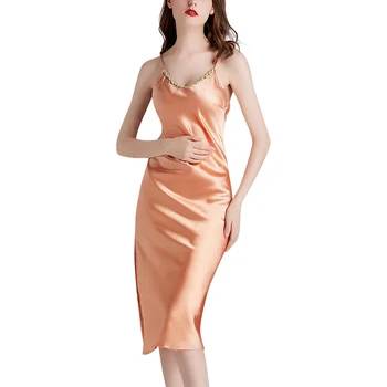 

Women Summer Silk Thin Sexy Strapless Nightdress Lace Soft V-neck Mid-length Nightgowns