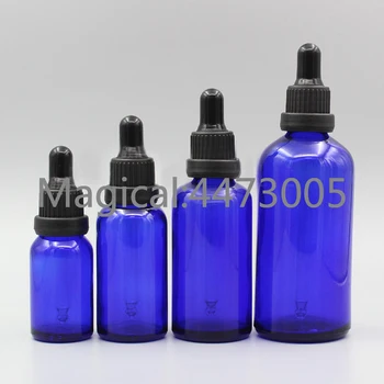 

2/10pcs 5ml 10ml 15ml 20ml 30ml 50ml 100ml Empty Blue Glass Essential Oil Dropper Bottle with Black Cover Glass Dropping Pipette