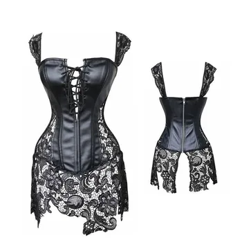 

Sexy Faux Leather straps Corset zipper back black Burlesque Bustiers lace showgirl dance skirt plus size S-6XL