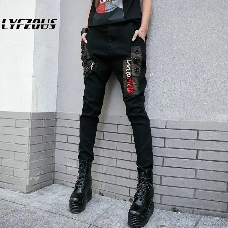 Hip Pop Harem Pants Women Letter Embroidery Pocket Stretch Skinny Pencil Pants 2019 New Black Cool Rock Trousers top clothes Hip Pop Harem Pants Women Letter Embroidery Pocket Stretch Skinny Pencil Pants 2019 New Black Cool Rock Trousers top clothes