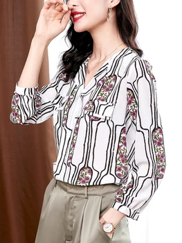

2020 Spring Korean Version Women Printed Chiffon Blouse Slim V-neck Bow Formal Ages 18-35 Years Old