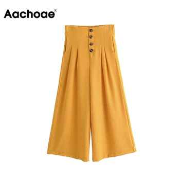 

Women Summer Wide Leg Pants 2020 Summer Holiday Bohemian Solid Buttons Loose Pleated Pants Streetwear Ladies Casual Trousers