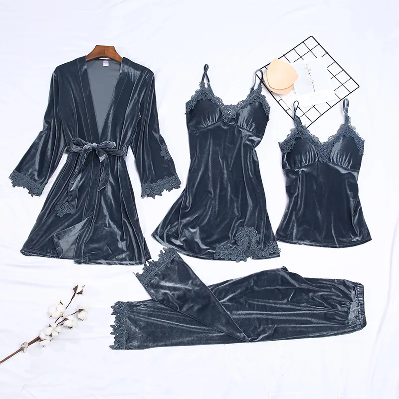 Gray-Gold velvet Pajama Sets Women pajamas nightgown Silk like sleepwear for women Robes babydolls women pajamas set 5pcs/set pajamas lingerie - Цвет: Gray-Gold velvet