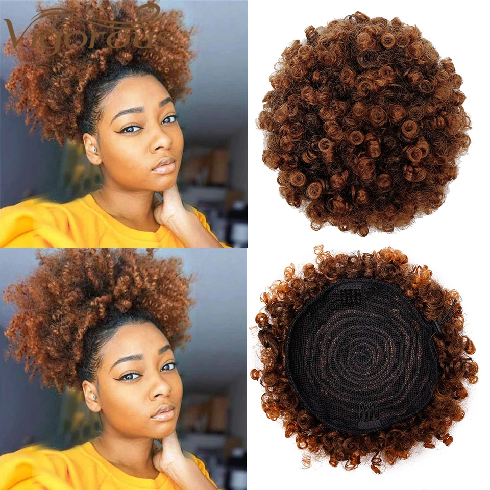 

Vigorous Ponytail Wrap Puff Afro Curly Chignon Short Hair Bun Drawstring 2 Clips Synthetic Extension Hairpiece Heat Resistance
