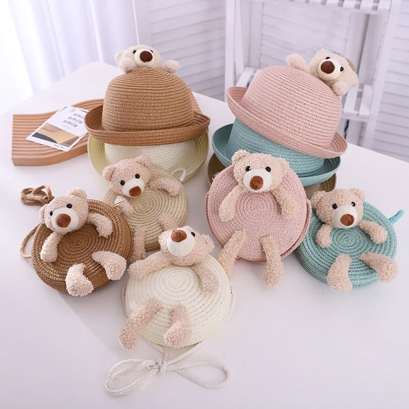 

Baby Hat Spring Summer New Children's Bag Straw Hat Outdoor Sunshade Sunscreen Breathable Straw Woven Shoulder Bag Beach Hat