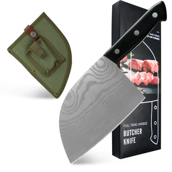 

SOWOLL Full Tang Butcher Knife Stainless Steel Serbian Chef Kitchen Knife Meat Vegetable Cleaver Camping Knife with Carry Sheath