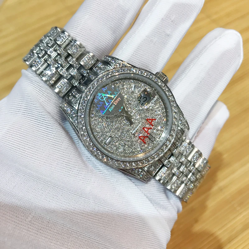 

36mm Silver Iced out Luxury Rolexable watch Crystal Zircon Diamonds numbers Date-Just + Box Men automatic self-wind sweeping