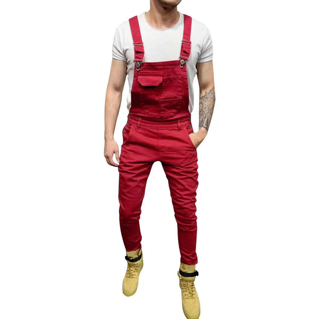 Мужские брюки мужские джинсовые комбинезоны повседневные брюки свободные нагрудники мужские модные хип-хоп комбинезоны уличная одежда - Цвет: Red