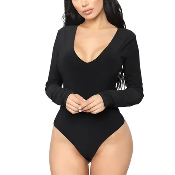 

Sexy Women Deep V-neck Long Sleeve Bodysuit For Women Solid Black White Red Rompers female casual Jumpsuit