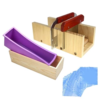 

Candle Supplies Wooden Soap Loaf Cutter Mold and Soap Cutter Set + Rectangle Silicone Mold with Wood Box + Straight Wavy Cutter