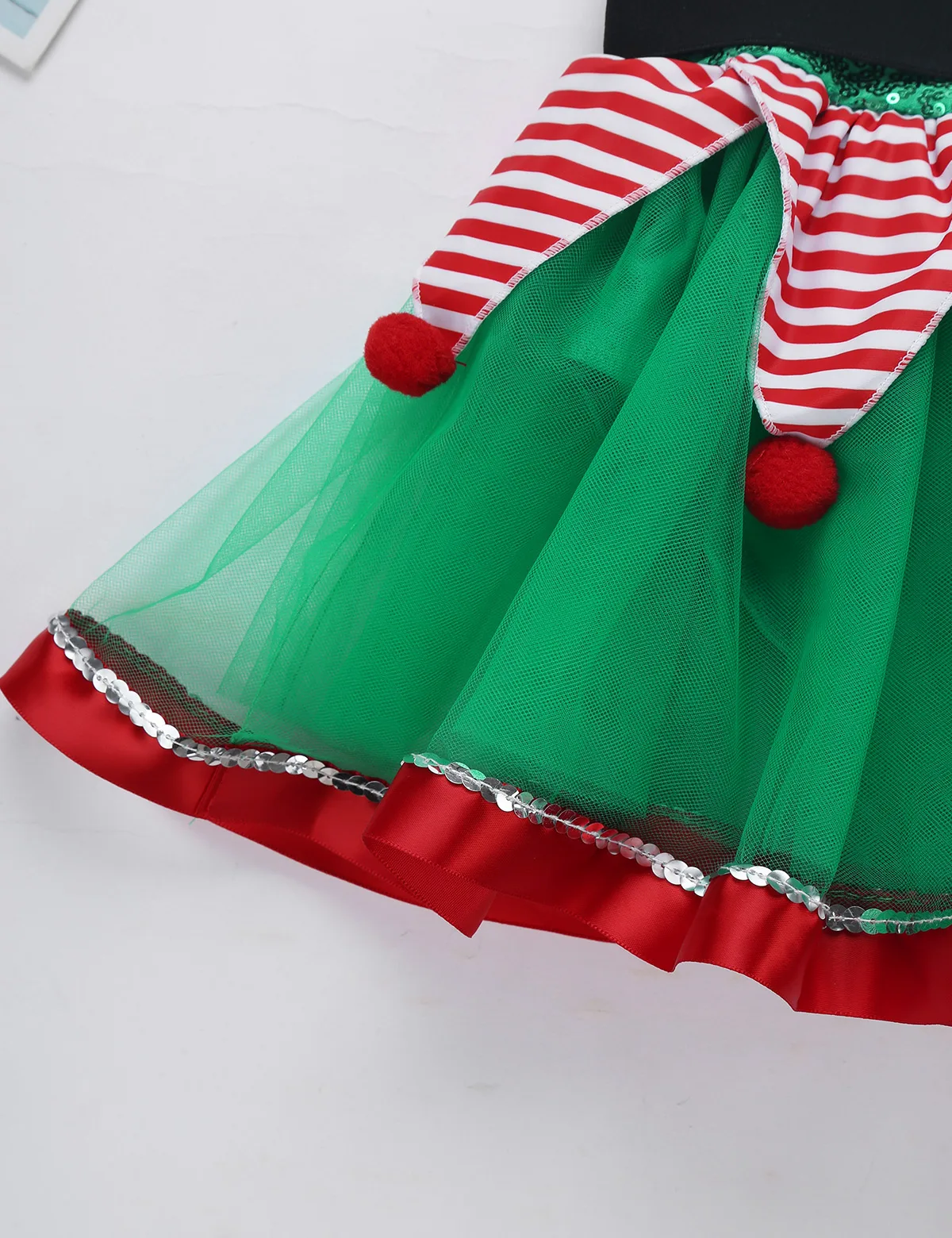 Детское рождественское платье для девочек костюм феи Одежда для танцев платье-пачка из сетчатой ткани в полоску с баской и блестками с шапочкой