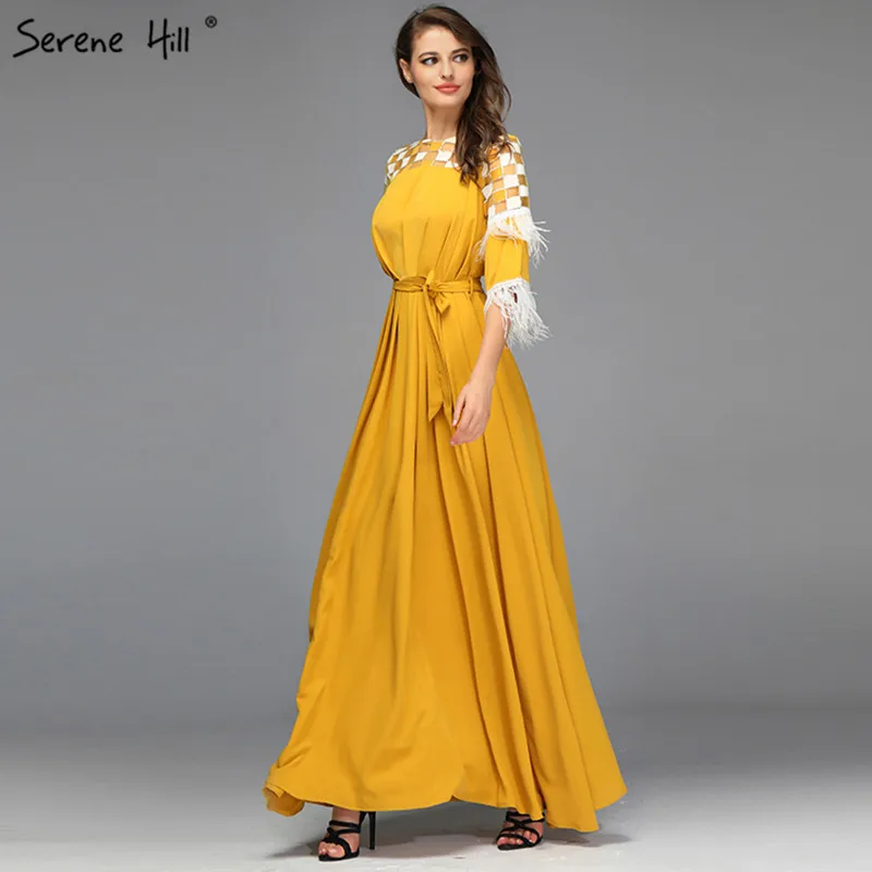 

Yellow Feathers Sashes A-Line Prom Dresses Design 2019 Half Sleeves Simple Prom Gowns Serene Hill BQA8041