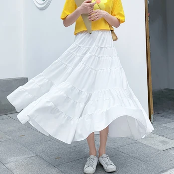 

High Waist A-line Cake Skirts Womens 2020 Summer Korean Style Office Ladies Ruffles Long Skirt Casual Midi Calf Skirts