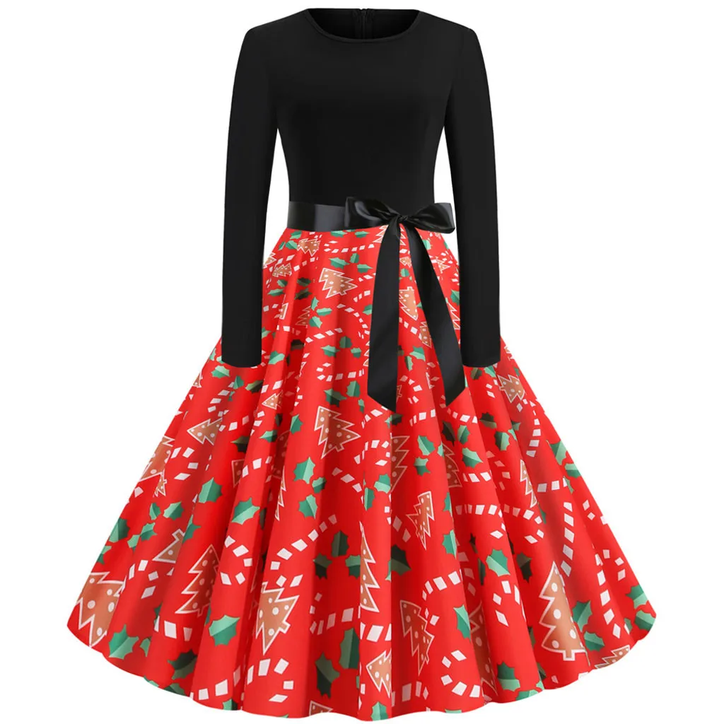 Женская мода винтажное рождественское платье с длинными рукавами 1950s домохозяйка вечернее платье для выпускного вечера - Цвет: RD