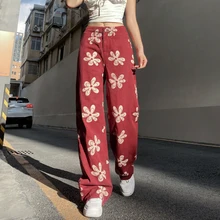 2021 Streetwear Kawaii Gril Red Baggy Jeans Hight Waist Casual Floral Print Women Denim Trousers Vintage Harajuku Wide Leg Pants