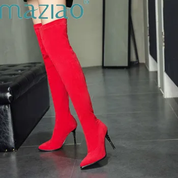 

New Sexy Strange Style Slip on Pointed Toe Thin Heels Over The Knee High Boots Elastic Denim Boots Red Winter Boots WomenMAZIAO