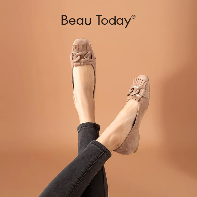 

BeauToday Suede Leather Flats Women Ballerina Square Toe Chain Tassel Decor Slip On Ladies Shallow Shoes Handmade 28064