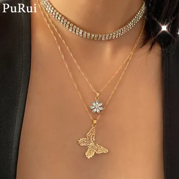 

Purui Butterfly Choker Necklace 3Pcs/Set Layered Women Chain Pendant Necklace Statement Gold Color Collar Fashion Jewelry