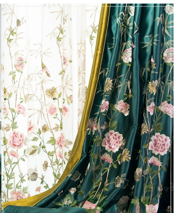 

Chinese Classical Turquoise Peony Bamboo Satin Embroidery Customization Home Decoration Curtains for Living Dining Room Bedroom