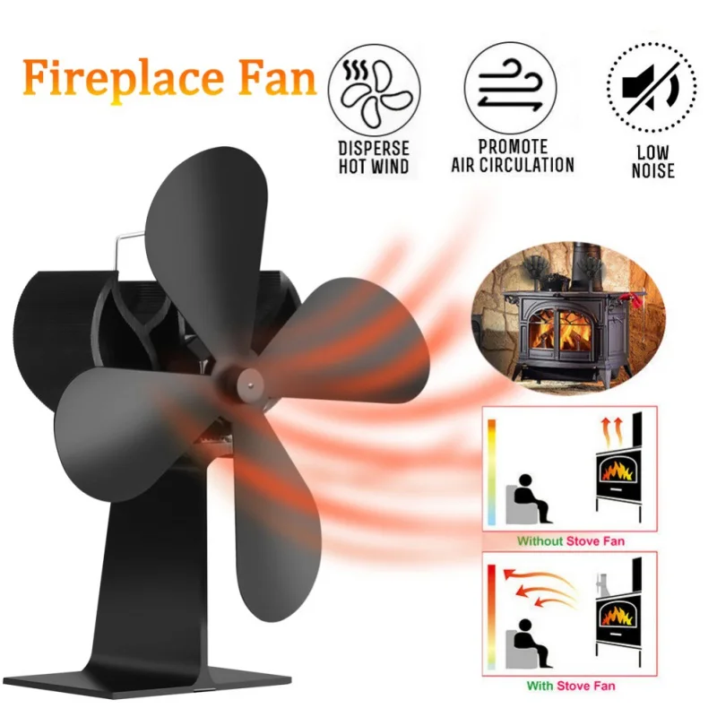 New Black 4 Blades Fireplace Fan Heat Powered Stove Fan Log Wood Burner Eco Friendly Quiet Fan Home Efficient Heat Distribution