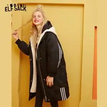 ELFSACK, черные, цветные, в полоску, прямые, теплые, с капюшоном, пуховики для женщин,, зимние, на молнии, с длинным рукавом, Корейская женская верхняя одежда