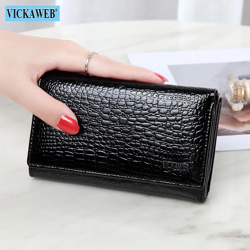 Black Wallet VICKAWEB Women Genuine Leather Short Wallet Female Fashion Purses Ladies Alligator Hasp& Zipper Coin Purse Woman Small Wallets - Цвет: Black Wallet