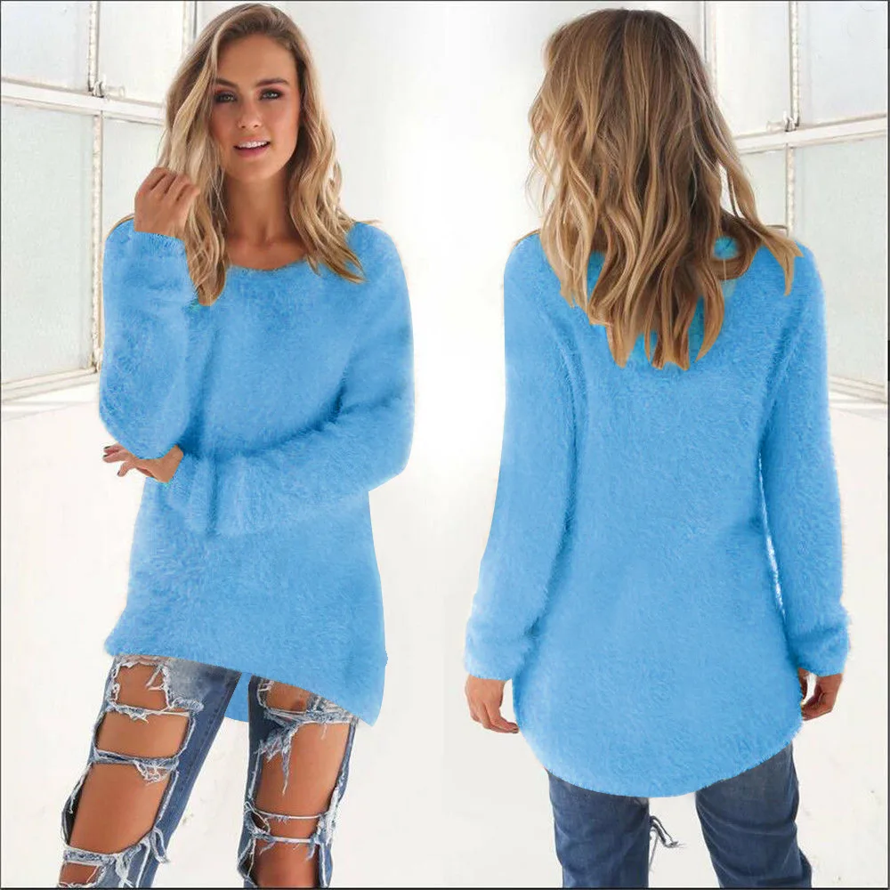 Suéter fino y esponjoso con cuello redondo para mujer, Jersey holgado de cobertura, suéteres sólidos informales, venta al por mayor, otoño y primavera