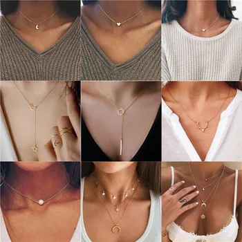 

WUKALO Star Moon Pendant Necklace Boho Geometric Crystal Layered Necklaces for Women Girl Waterdrop Opal Collar Choker Jewelry