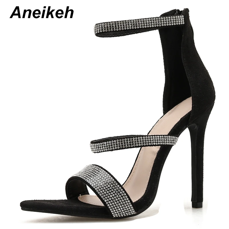 Aneikeh/Новейшая пикантная обувь; женские сандалии-гладиаторы на тонком каблуке со стразами; босоножки на высоком каблуке с пряжкой; модельные туфли с закрытой пяткой; Размеры 35-42 - Цвет: Black