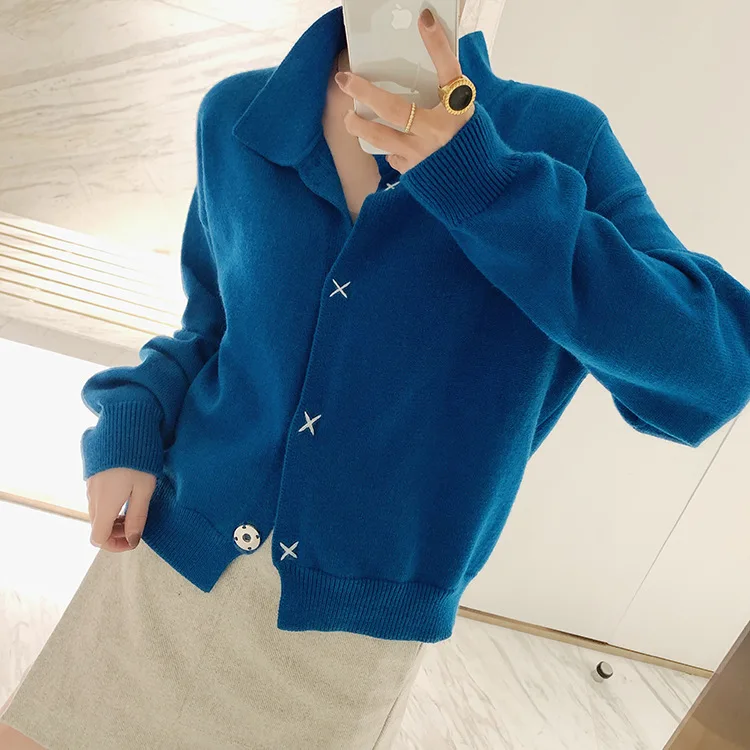 

Women Stand Collar Blue Knitted Sweater Covered Button Long Sleeve Soft Knitted Cardigan