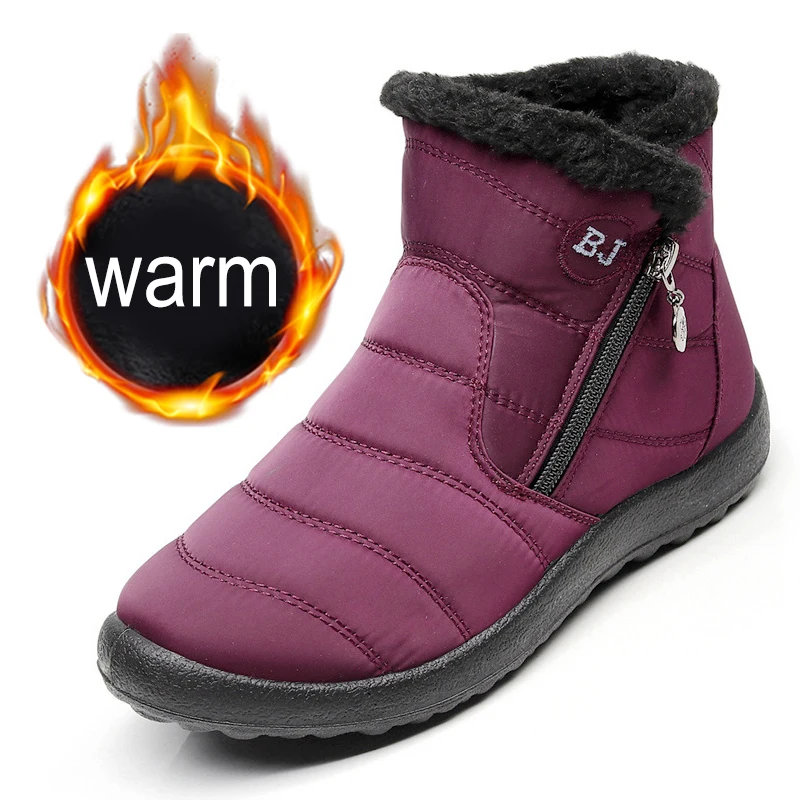 Зимние женские ботинки на плоской подошве; теплые ботинки на меху; Женская водонепроницаемая обувь без застежки; резиновые сапоги унисекс; Мужская зимняя обувь из плюша - Цвет: Красный
