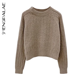 

SHENGPALAE 2020 New Autumn And Winter Women's Short Sweater Loose White Round Neck Long Sleeve Knitted Pullovers Fashion ZT1403